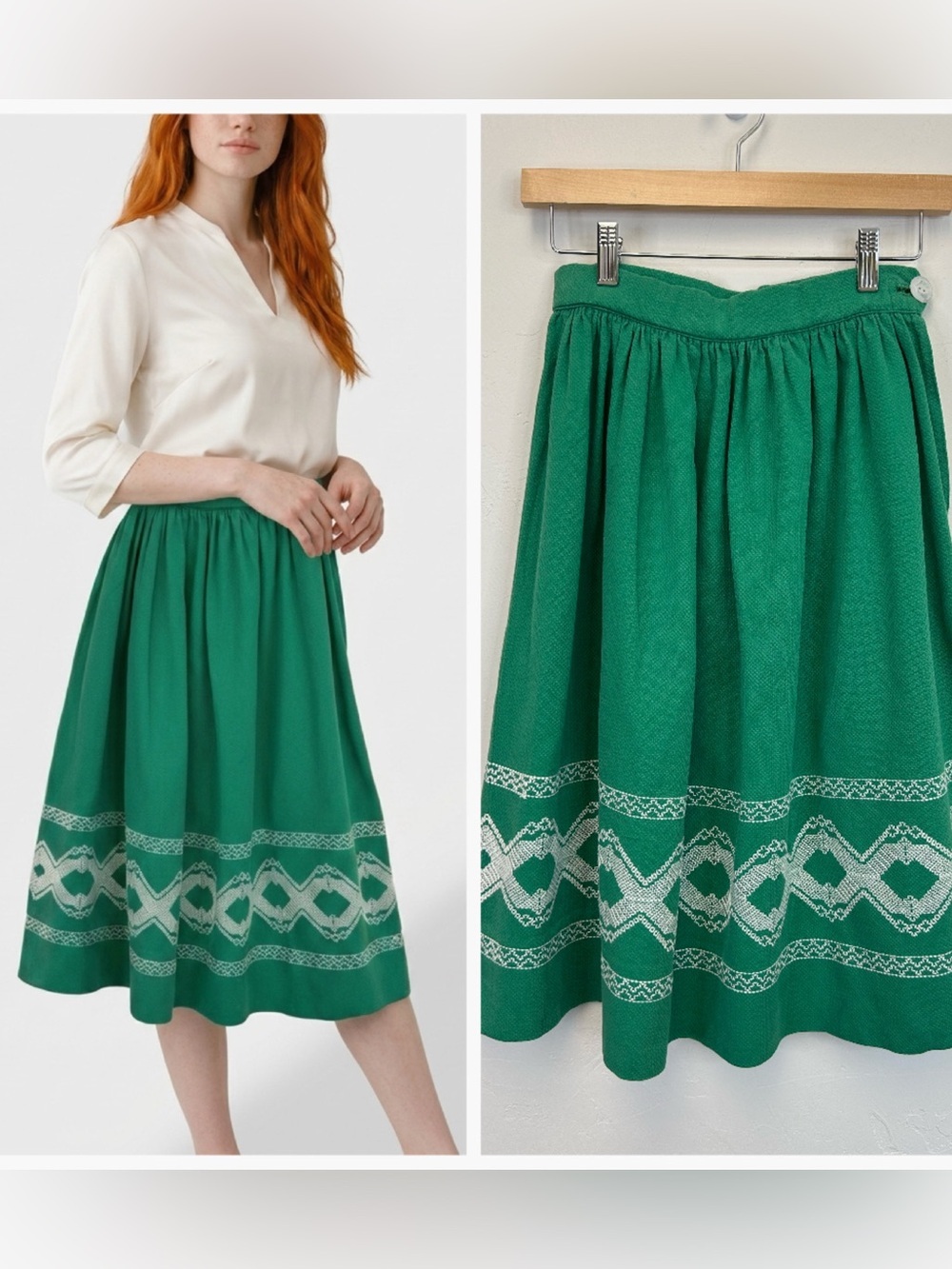 Vintage 60s/70s Green Embroidered A-Line Skirt Retro Cottagecore Size XXS XS Zip